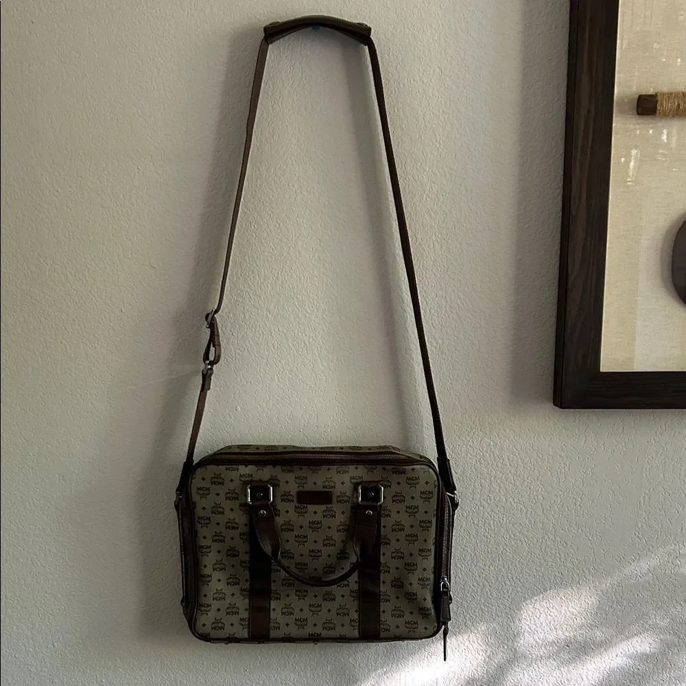 MCM Monogram Brown and Cream Briefcase impeccable